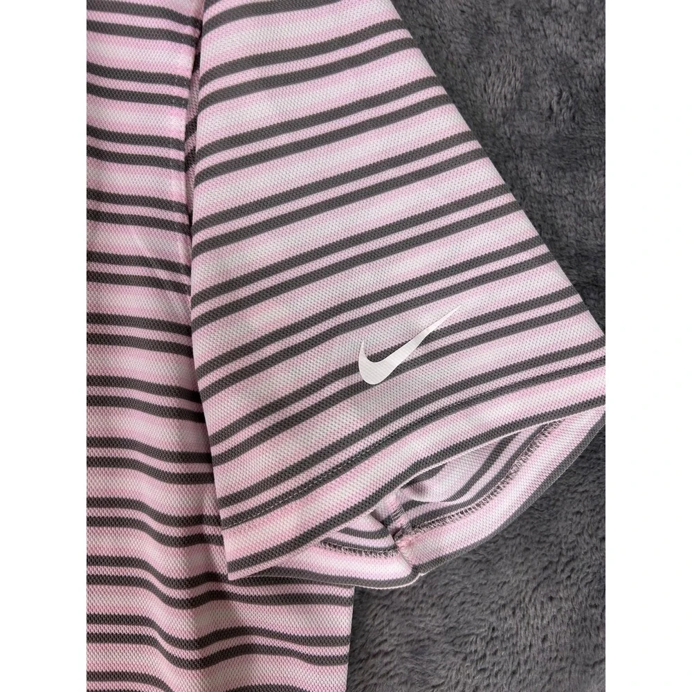 Nike Men's Golf Polo‎ Shirt Pink Grey Stripe Dri-FIT Standard Fit Size XL
